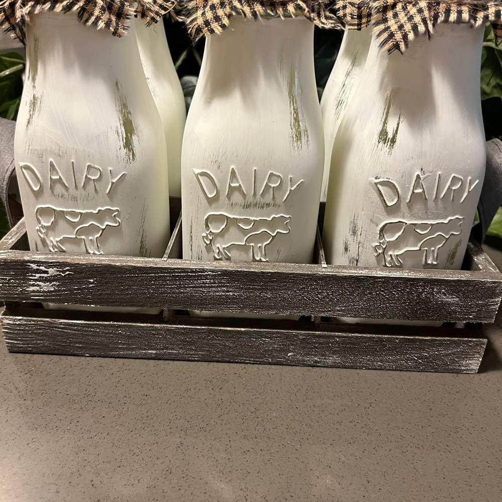 Rustic White Dairy Milk Bottles with Wooden Crate